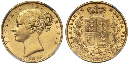 Victoria 1859 'Ansell' Sovereign, R2, AU58, with extra line on fillet in hair