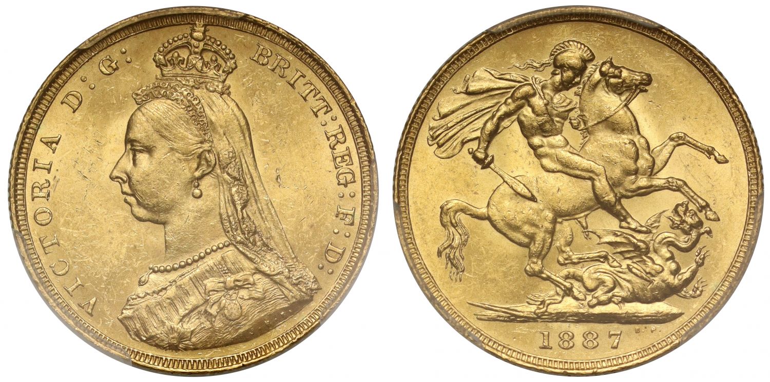 Victoria 1887 Sovereign, with hooked spread J.E.B. DISH L3 - PCGS MS62