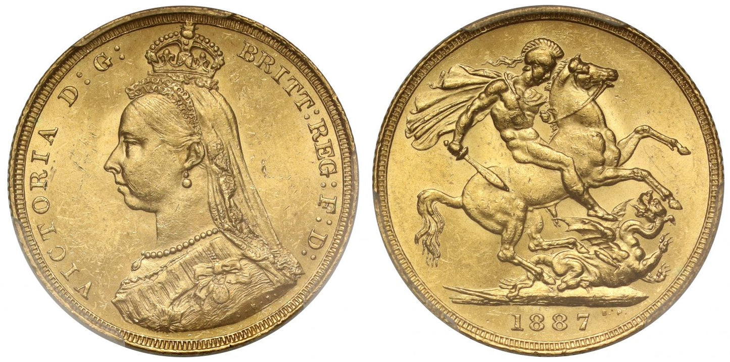 Victoria 1887 Sovereign, with hooked spread J.E.B. DISH L3 - PCGS MS62