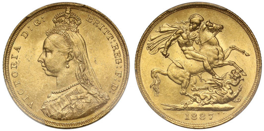 Victoria 1887 Sovereign, with hooked spread J.E.B. DISH L3 - PCGS MS62
