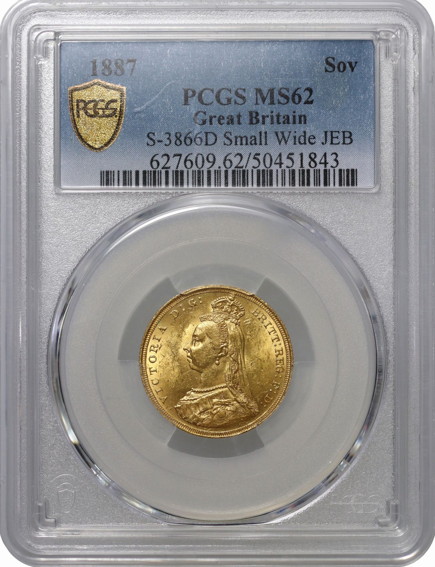 Victoria 1887 Sovereign, with hooked spread J.E.B. DISH L3 - PCGS MS62