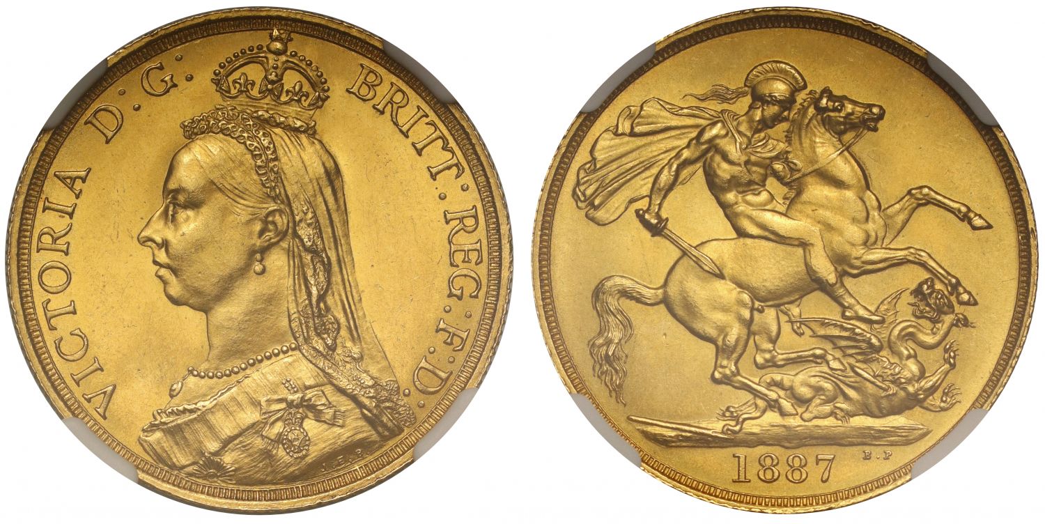 Victoria 1887 Two-Pounds Jubilee head, tall date, larger B.P, NGC MS64