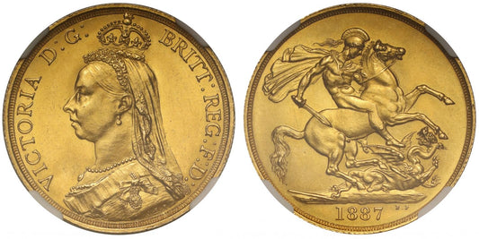 Victoria 1887 Two-Pounds Jubilee head, tall date, larger B.P, NGC MS64