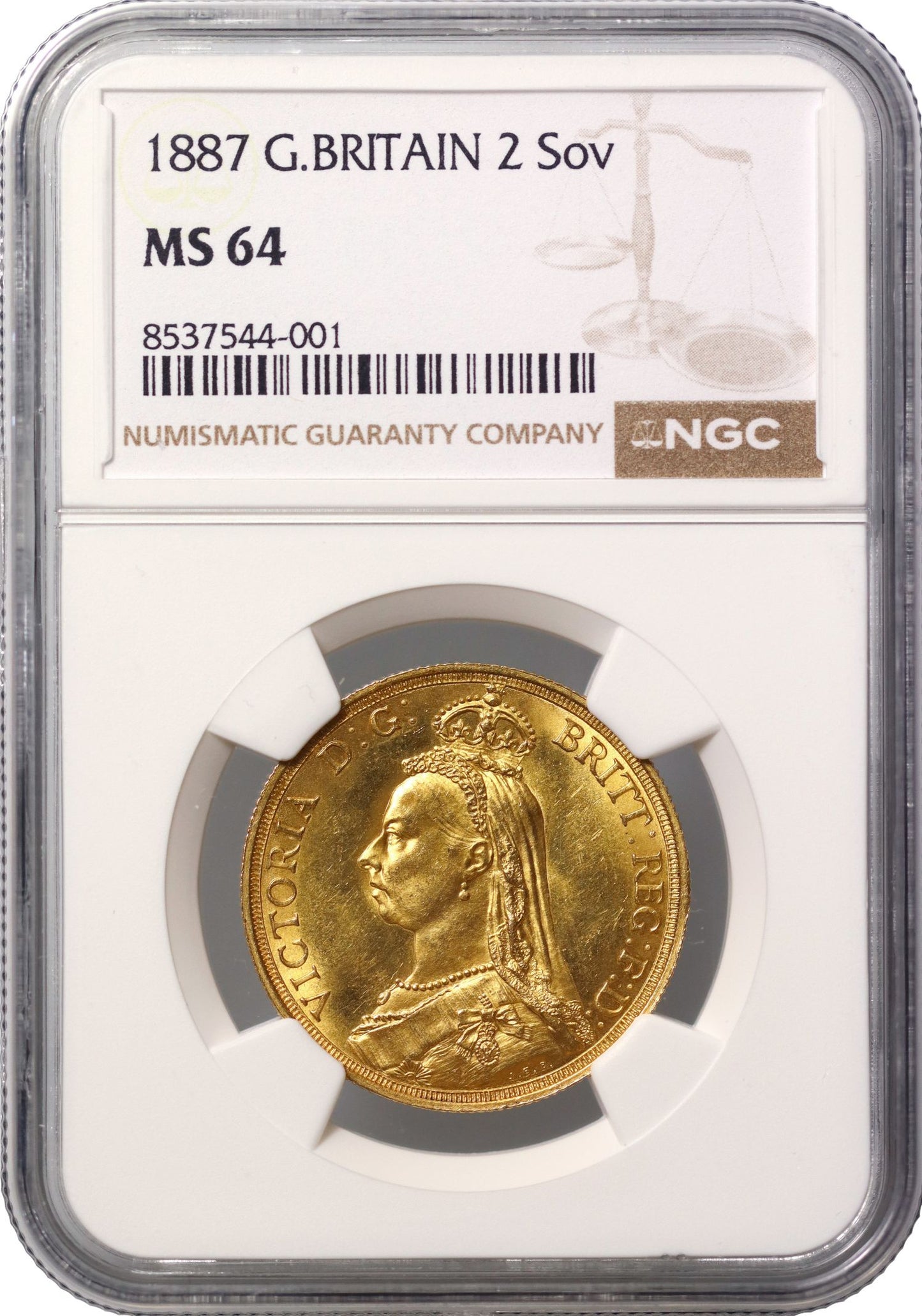 Victoria 1887 Two-Pounds Jubilee head, tall date, larger B.P, NGC MS64