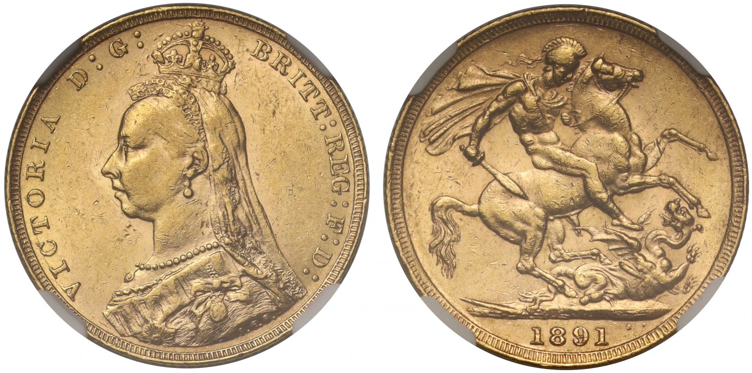 Victoria 1891 Sovereign, Jubilee head, short tail, NGC AU58