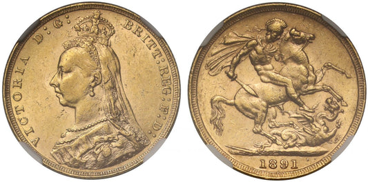 Victoria 1891 Sovereign, Jubilee head, short tail, NGC AU58