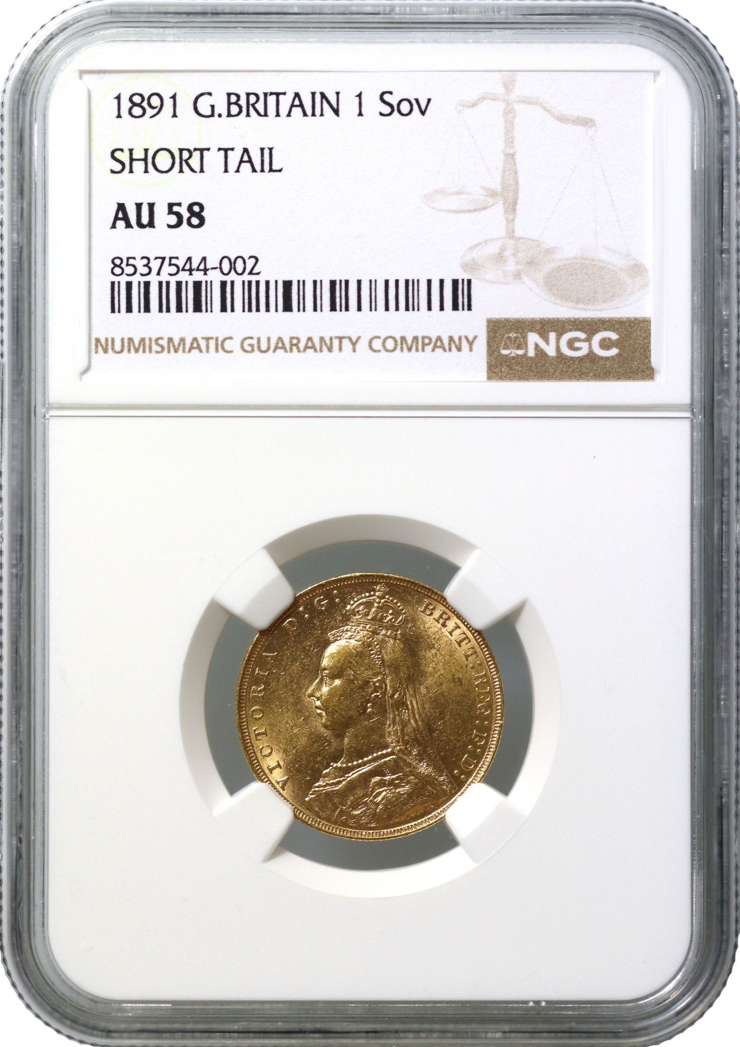 Victoria 1891 Sovereign, Jubilee head, short tail, NGC AU58