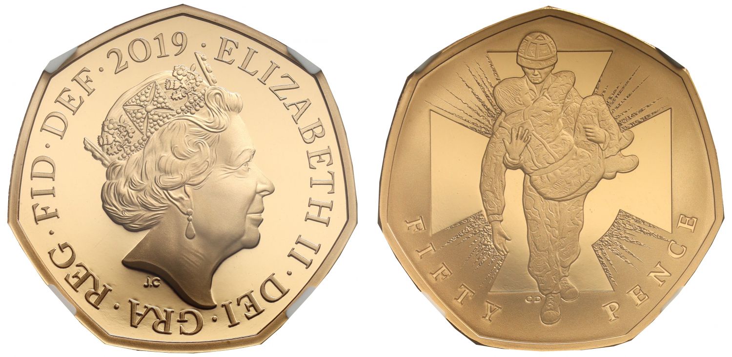 Elizabeth II 2019 gold PF70 UCAM 50p VC Heroic Scenes P