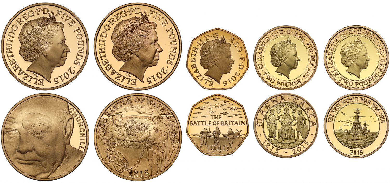 Elizabeth II 2015 gold proof Annual Set featuring Churchill and Waterloo Five Pounds
