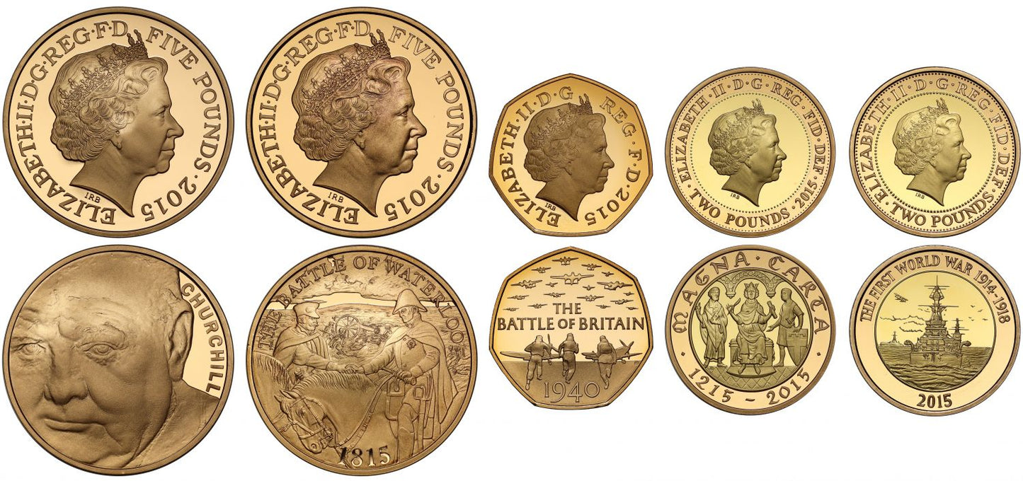 Elizabeth II 2015 gold proof Annual Set featuring Churchill and Waterloo Five Pounds