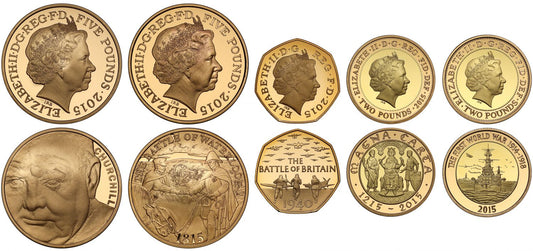 Elizabeth II 2015 gold proof Annual Set featuring Churchill and Waterloo Five Pounds