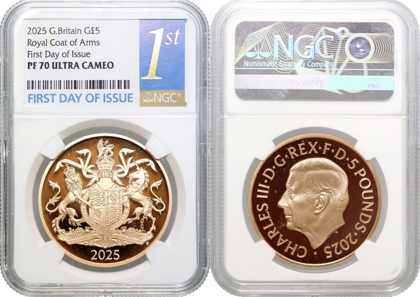* Charles III 2025 PF70 UC FDI Five-Pounds Coat of Arms