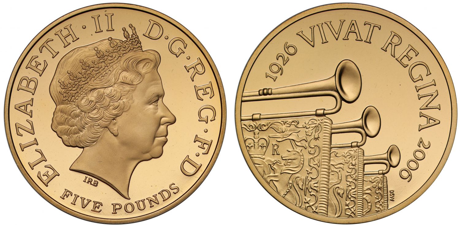 * Elizabeth II 2006 proof Five-Pounds Queens 80th Birthday