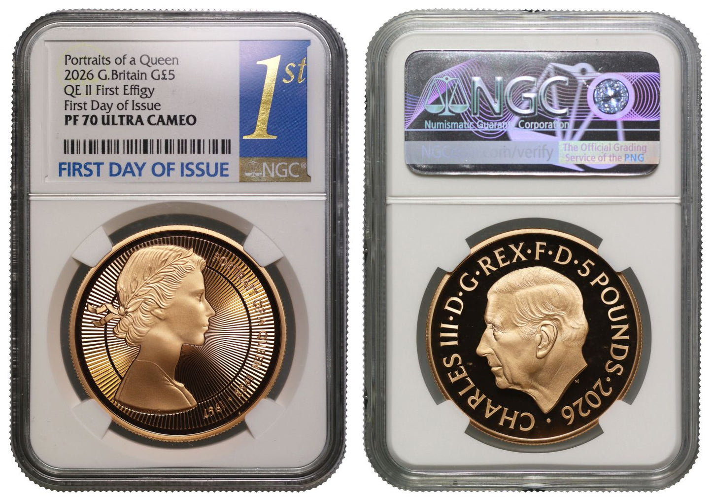 * Charles III 2026 gold PF70 First Day of Issue £5 The First Effigy