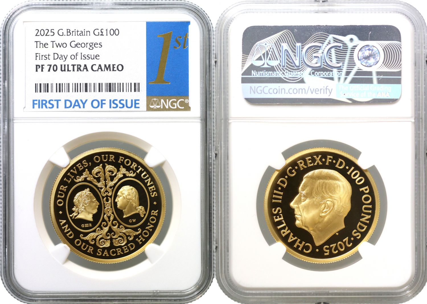 * Charles III 2025 gold PF70 FDI 1oz Two Georges