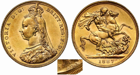 Victoria 1887-M gold Sovereign, Melbourne mint, angled J, DISH M7