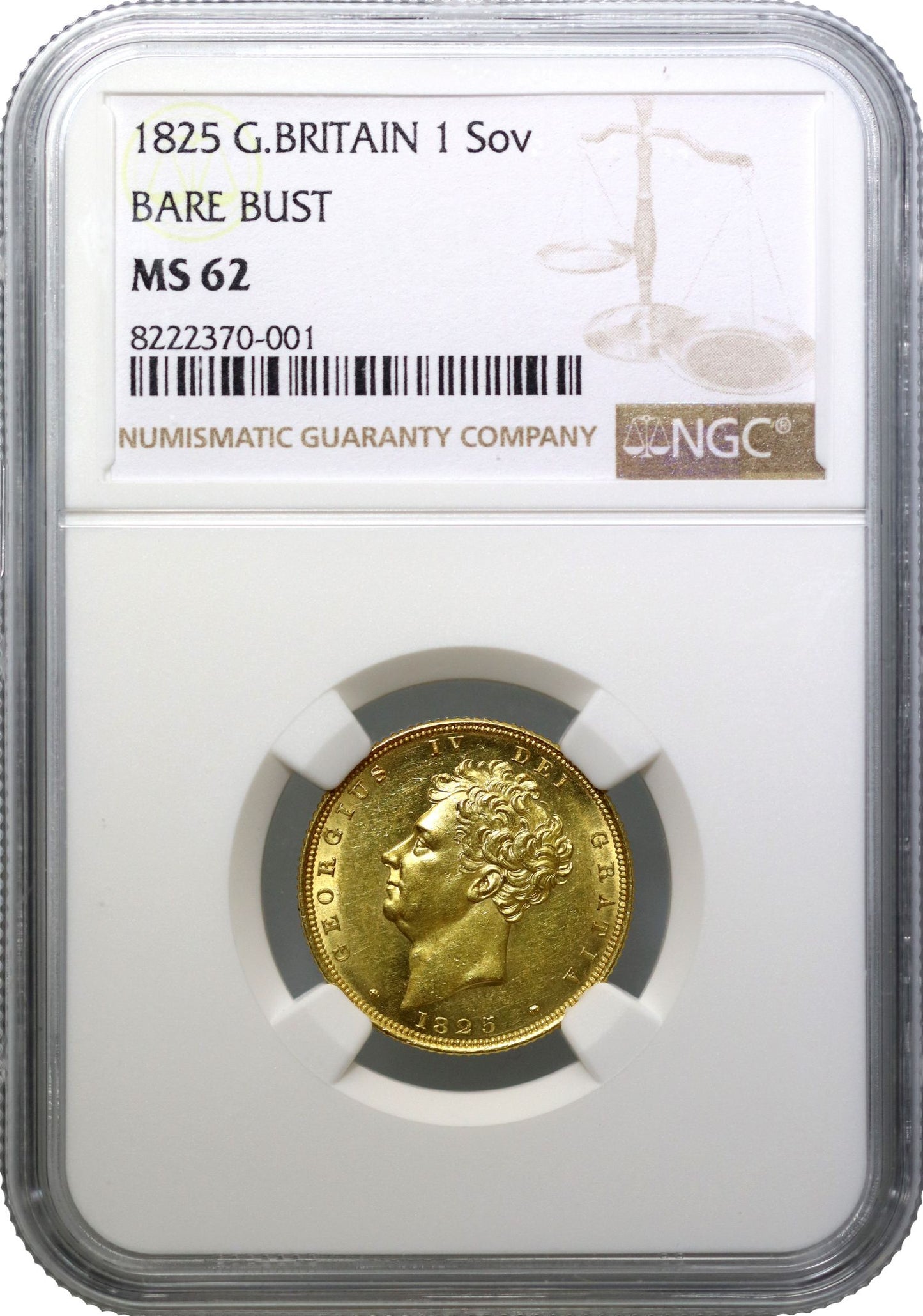 George IV 1825 Sovereign, bare head, MS62