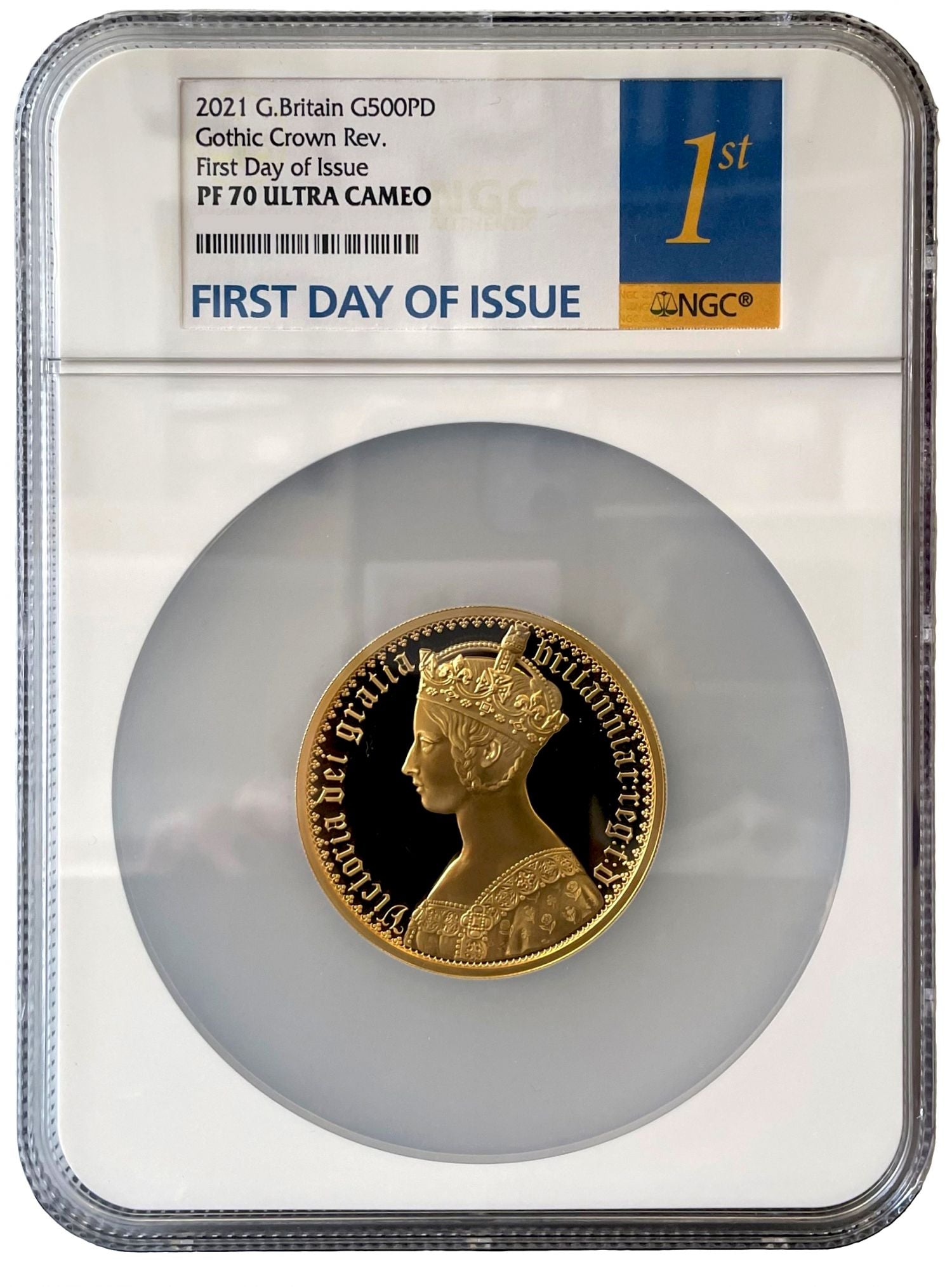 Elizabeth II 2021 gold PF70 FDI 5oz Gothic Portrait, signed by Jody Clark
