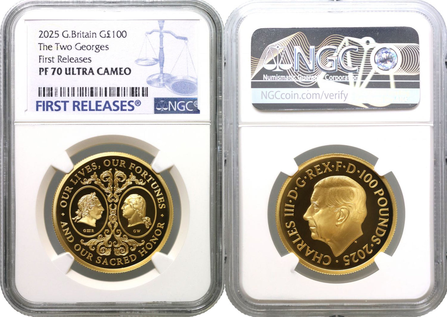 * Charles III 2025 gold PF70 FR 1oz The Two Georges