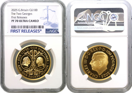 * Charles III 2025 gold PF70 FR 1oz The Two Georges