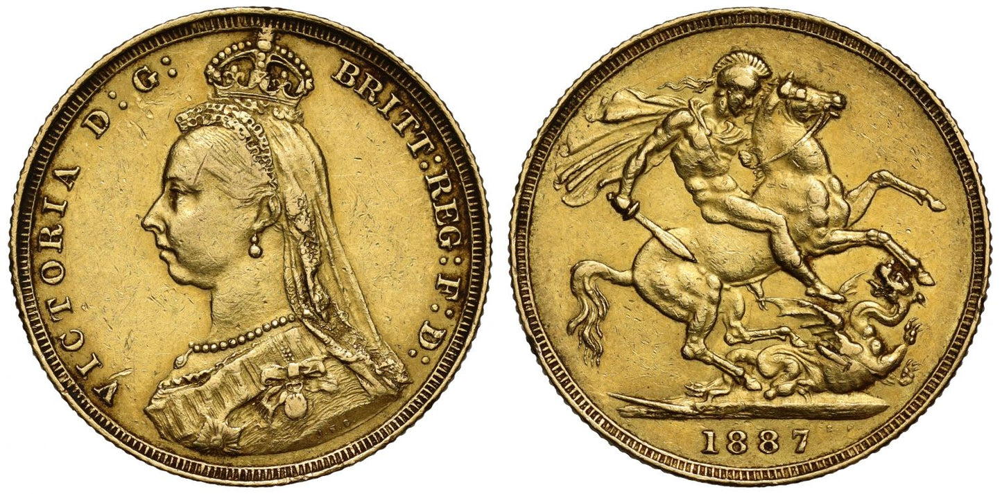 Victoria 1887 Sovereign, Jubilee issue with hooked J initials, DISH L4 R5