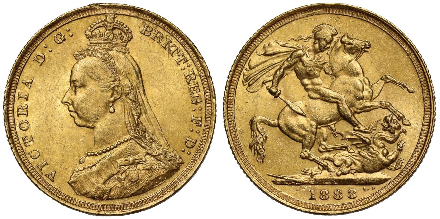 Victoria 1888-S Sovereign, Sydney, DISH S7, 1st legend, hooked J