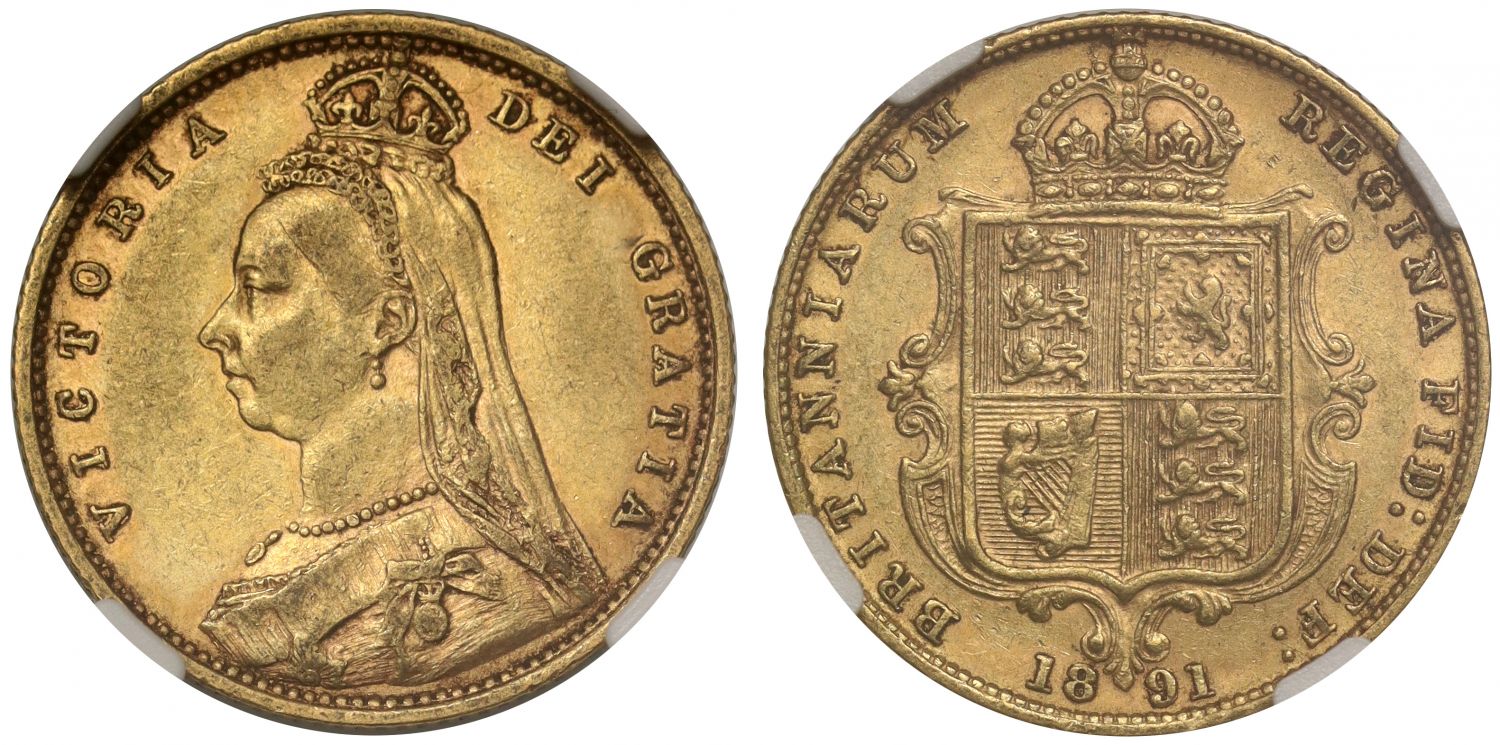 Victoria 1891 Half-Sovereign, extremely rare high shield, NGC XF45
