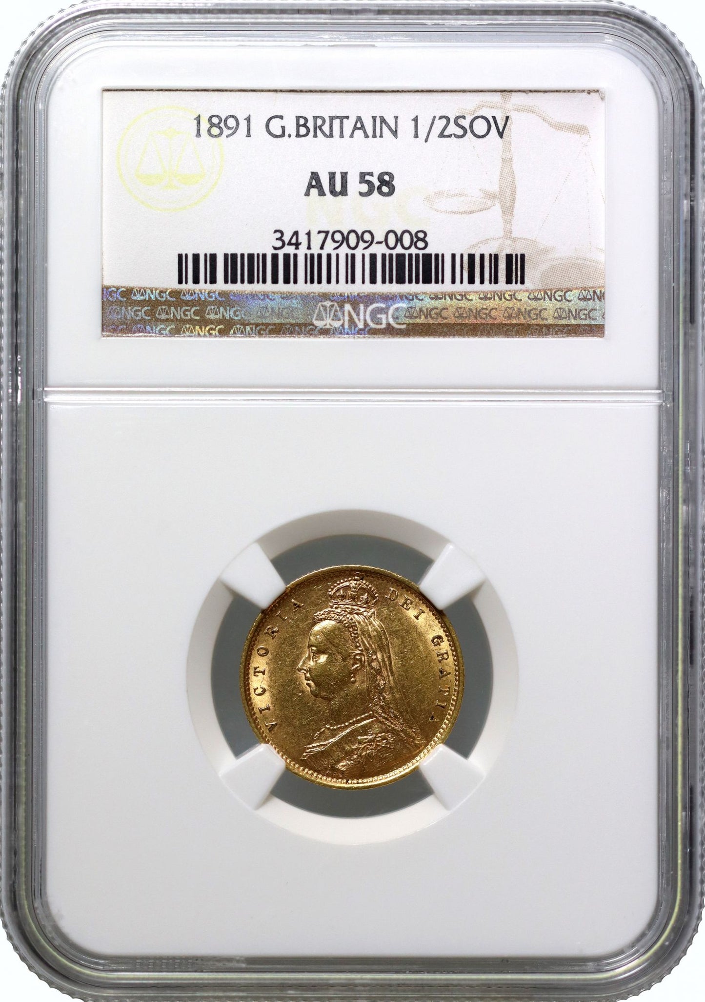 Victoria 1891 Half-Sovereign, AU58, low shield, DISH L513