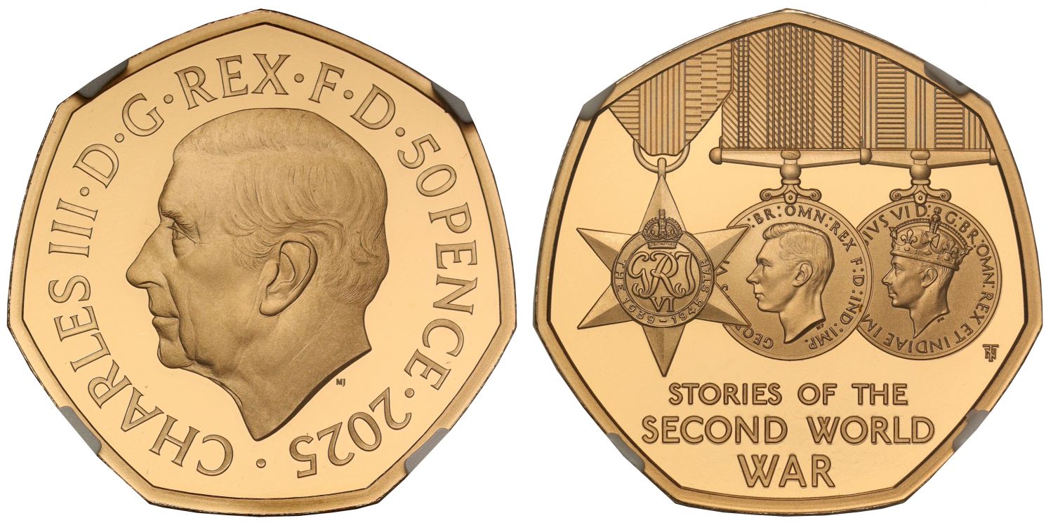 * Charles III 2025 gold PF70 UCAM 50p WWII Stories