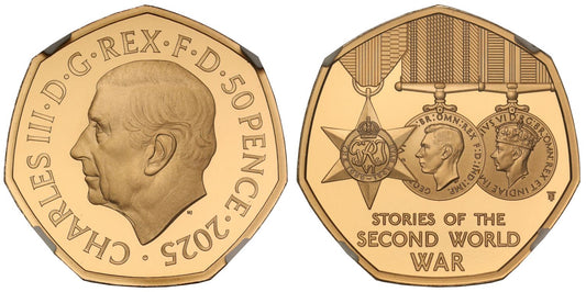 * Charles III 2025 gold PF70 UCAM 50p WWII Stories