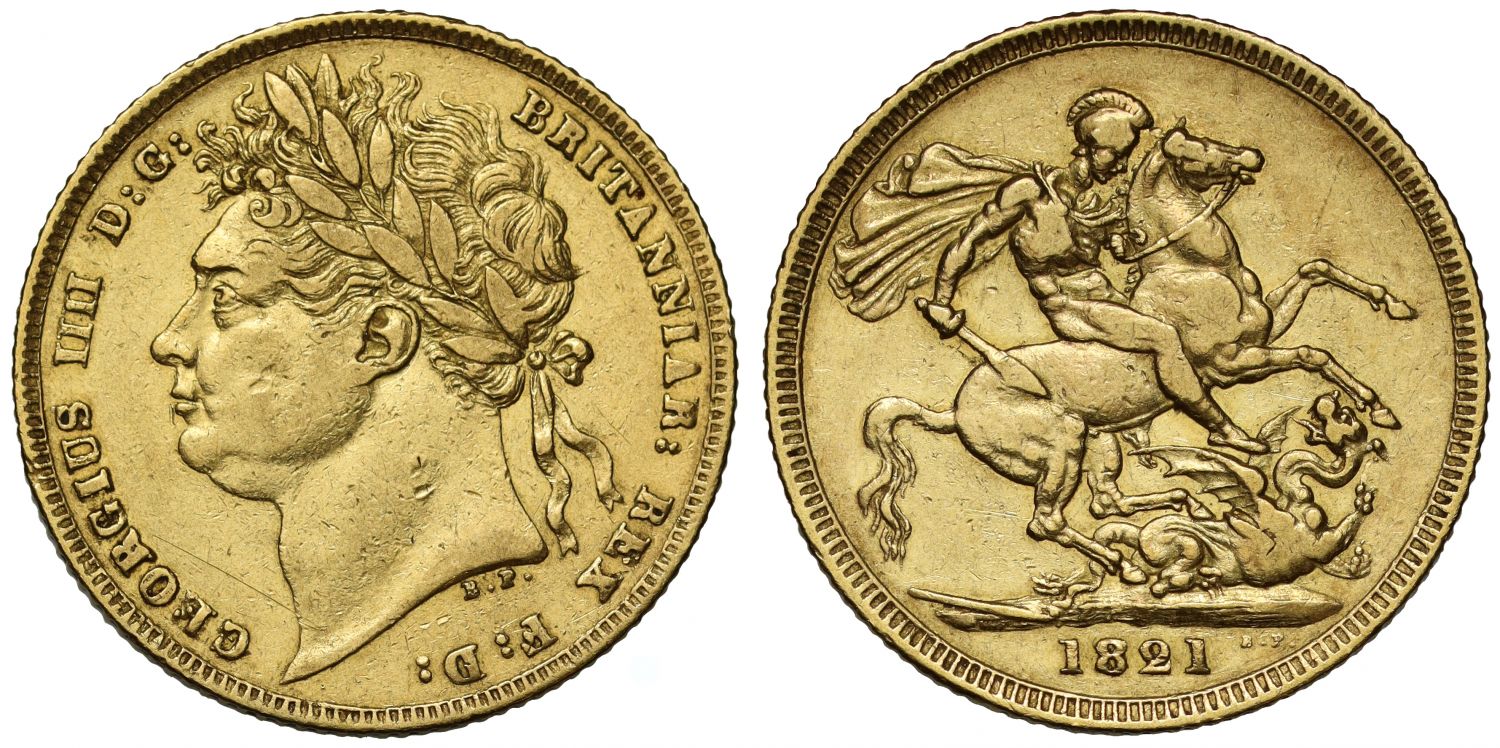 George IV 1821 Sovereign, laureate head, first year of classic St George design