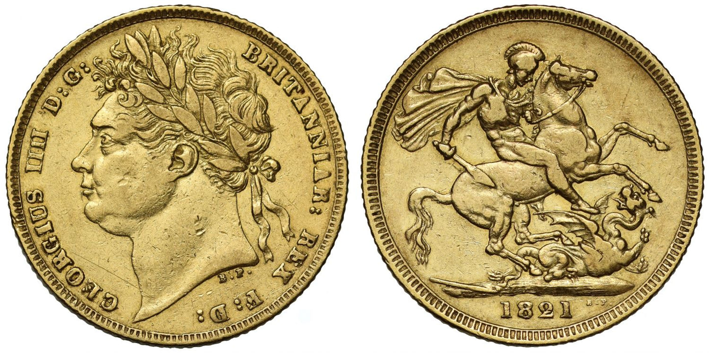 George IV 1821 Sovereign, laureate head, first year of classic St George design