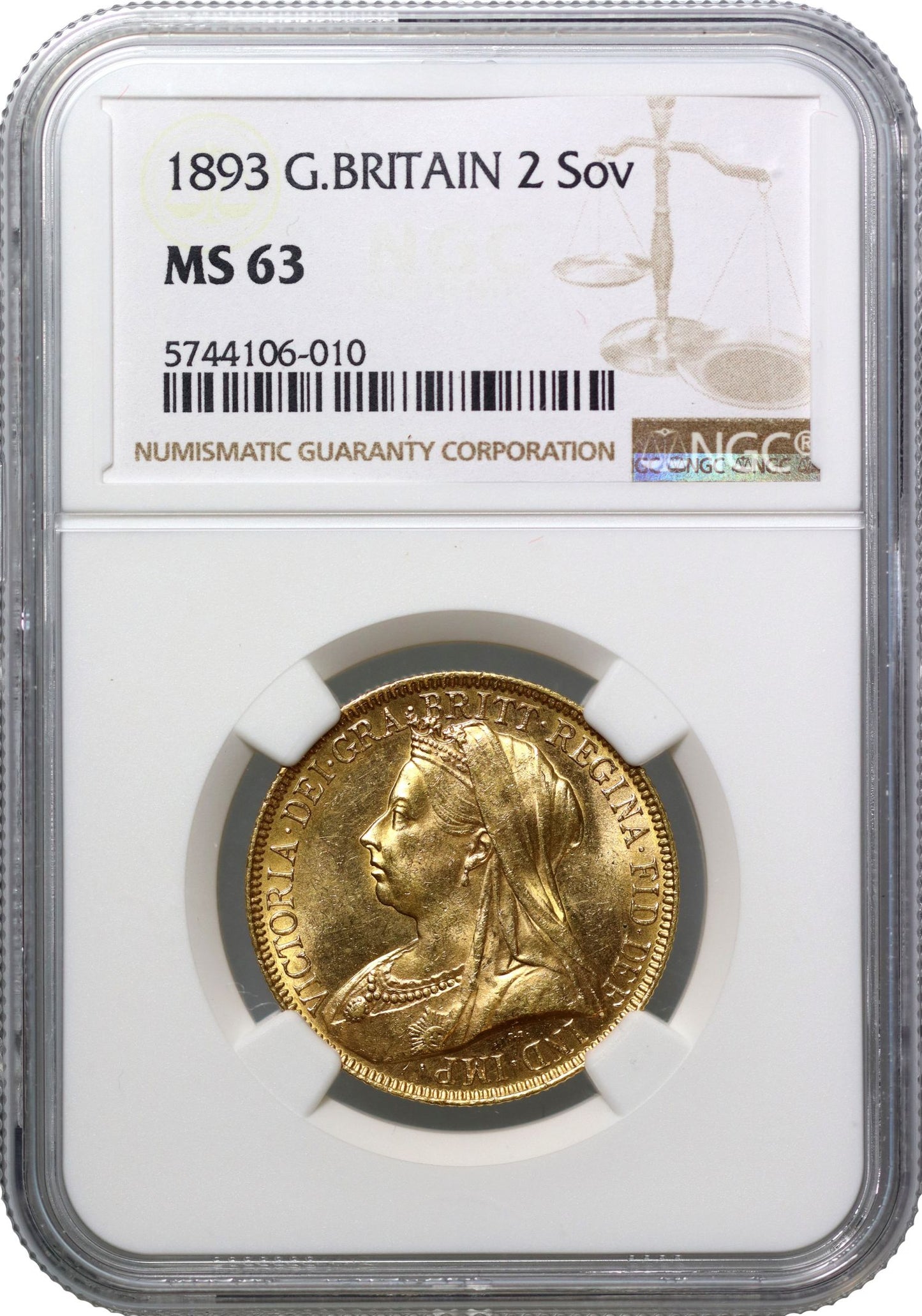 Victoria 1893 Two-Pounds, old head issue, MS63