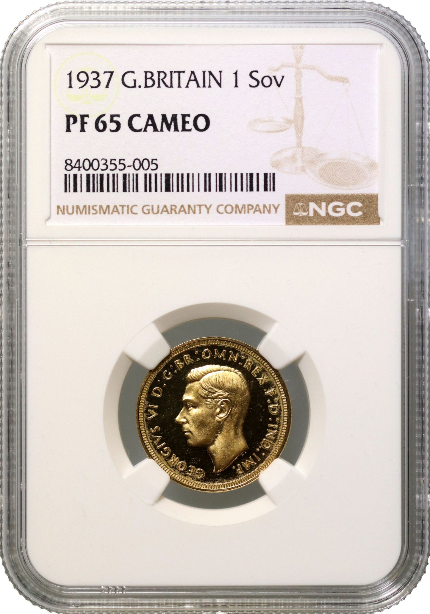 George VI 1937 proof Sovereign, PF65 CAMEO, only 5,501 struck