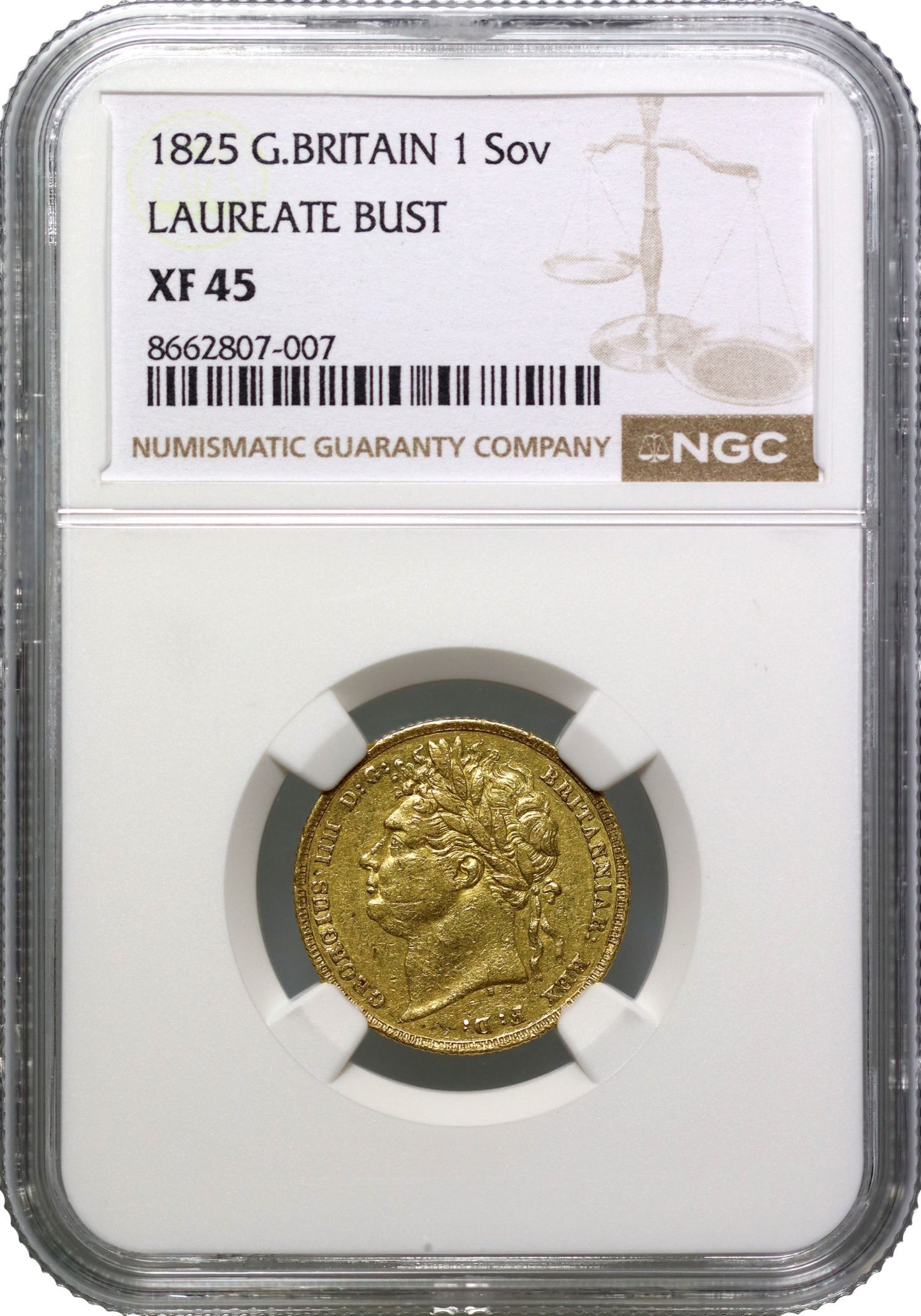 George IV 1825 Sovereign, laureate head, XF45, last issue, very rare