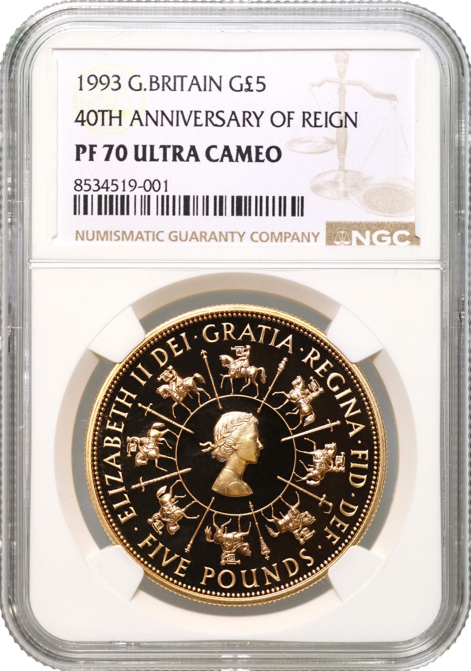 Elizabeth II 1993 gold PF70 UC Five-Pounds Coronation Anniversary