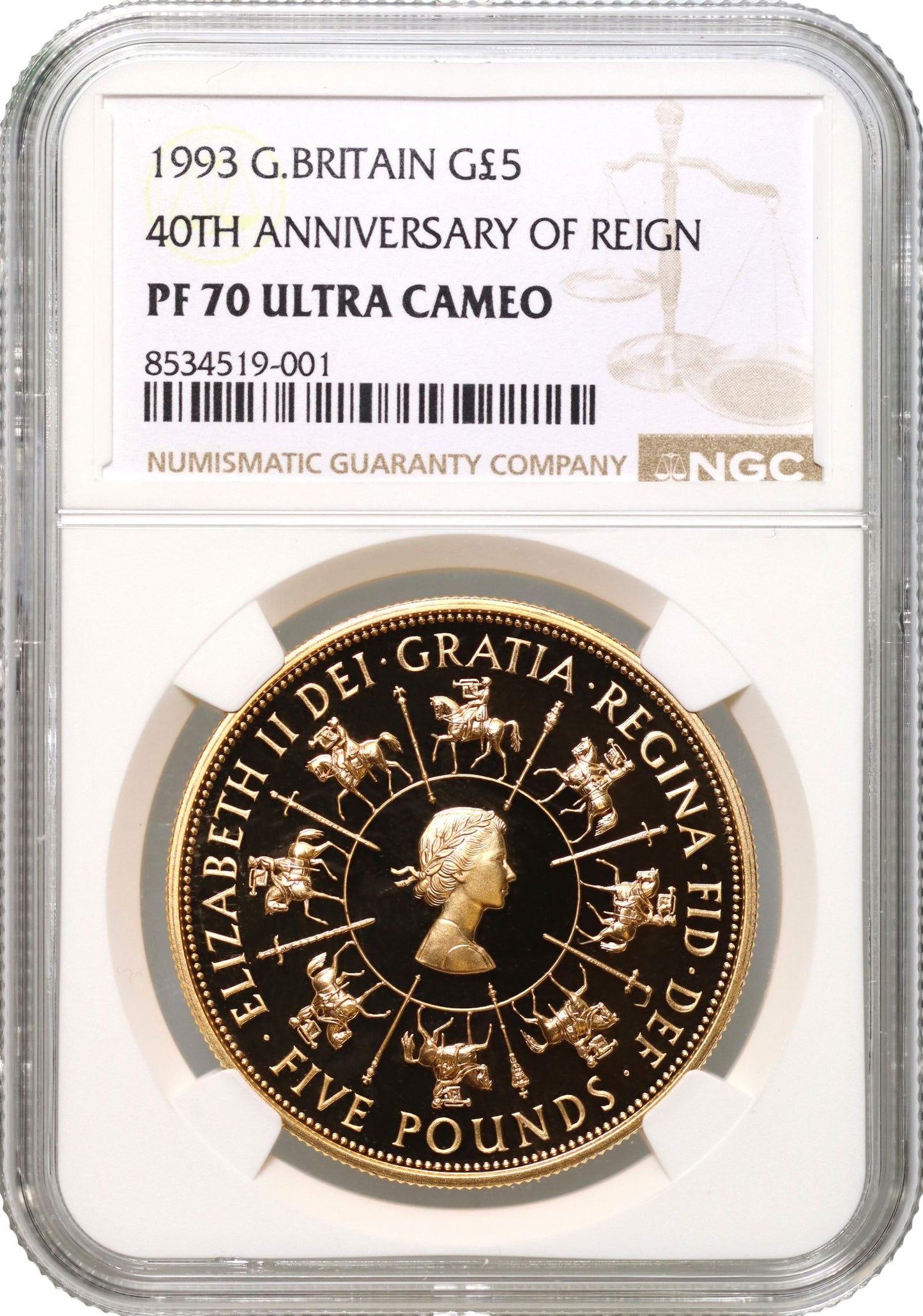 Elizabeth II 1993 gold PF70 UC Five-Pounds Coronation Anniversary