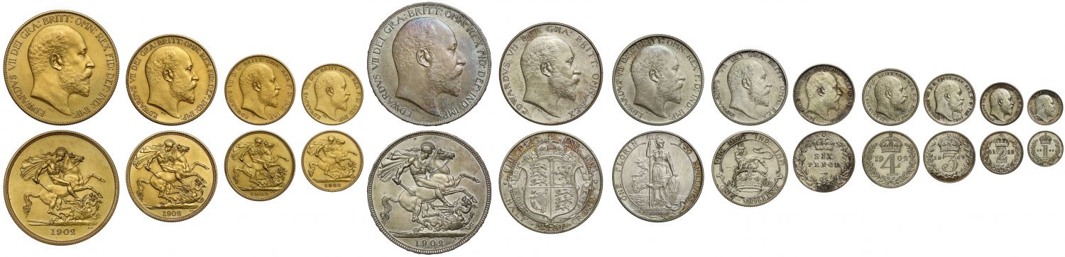 Edward VII 1902 13-coin matt proof Set, Coronation issue, £5 to Maundy Penny