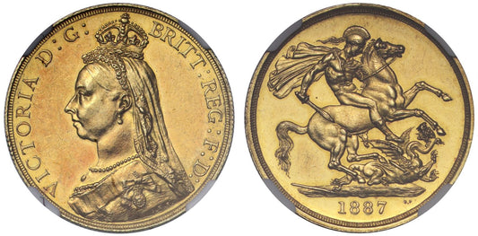 Victoria 1887 Two-Pounds, AU58, Golden Jubilee issue, DISH C205 rarest obv. die