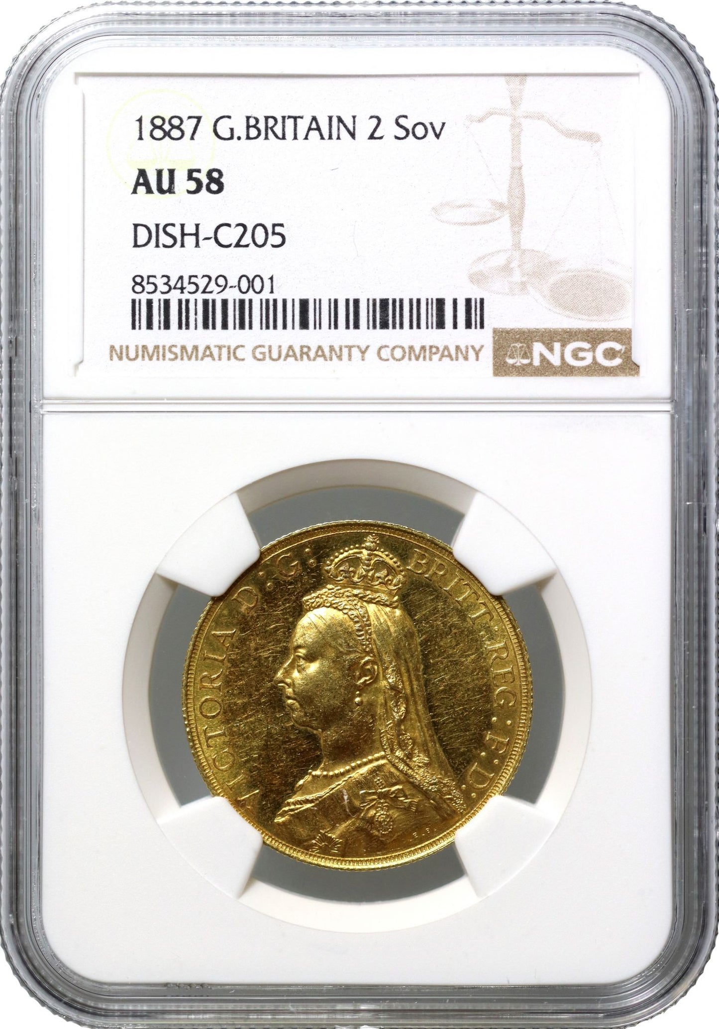 Victoria 1887 Two-Pounds, AU58, Golden Jubilee issue, DISH C205 rarest obv. die