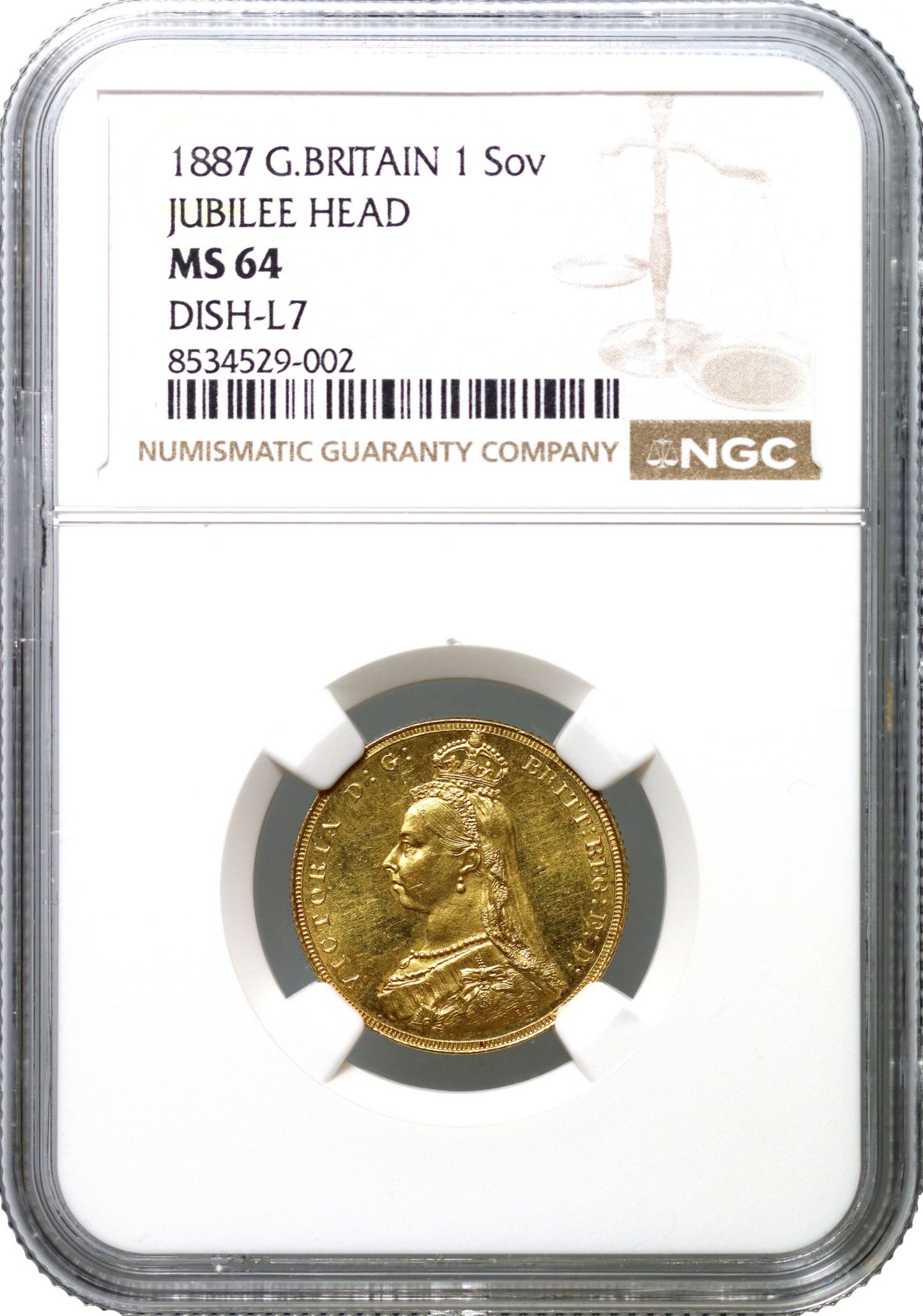 Victoria 1887 Sovereign, MS64, Golden Jubilee issue, DISH L7