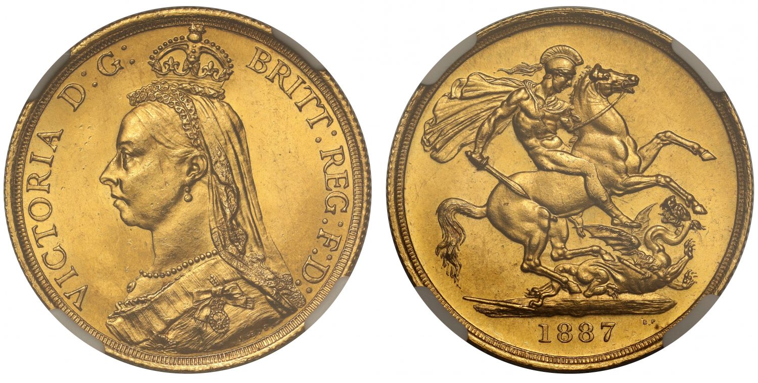 Victoria 1887 Two-Pounds, MS63, Golden Jubilee issue, shorter date, small BP
