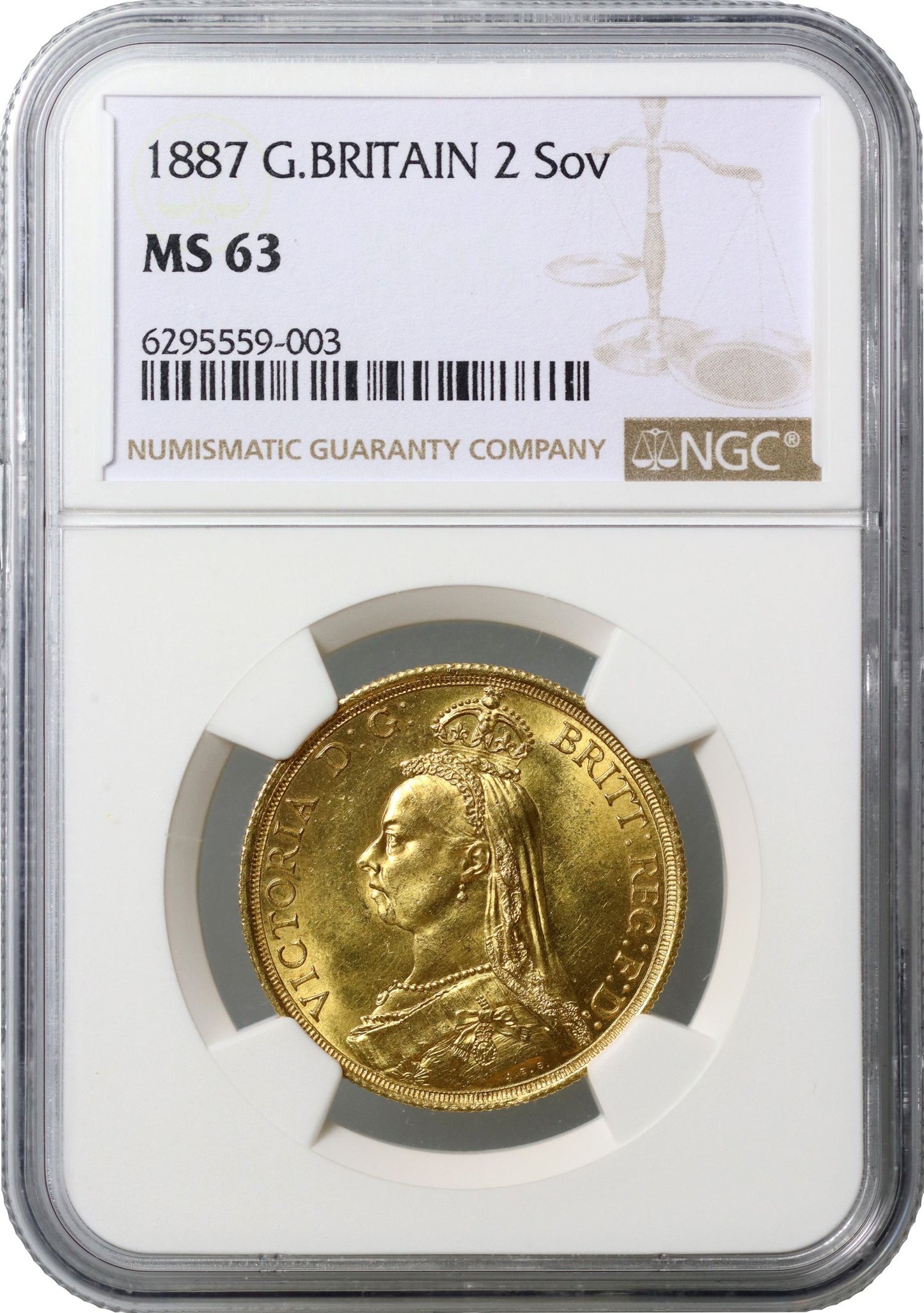 Victoria 1887 Two-Pounds, MS63, Golden Jubilee issue, shorter date, small BP