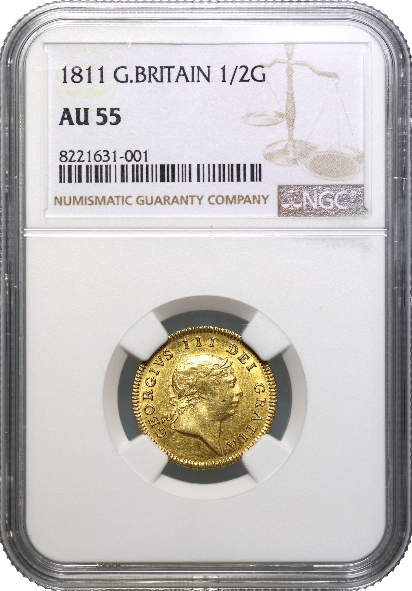 George III 1811 Half-Guinea, 7th bust, AU55, rarest date of type