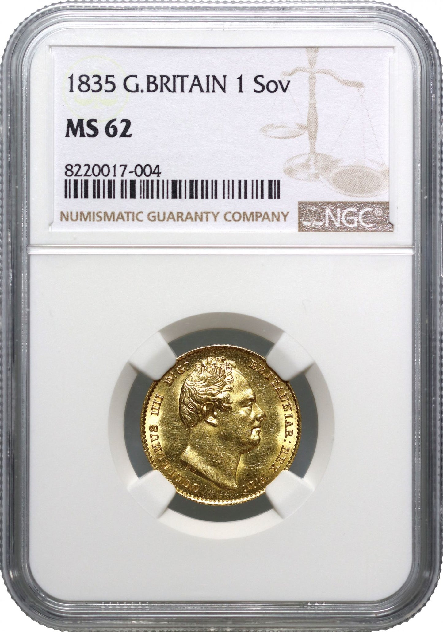 William IV 1835 Sovereign, MS62, rare date