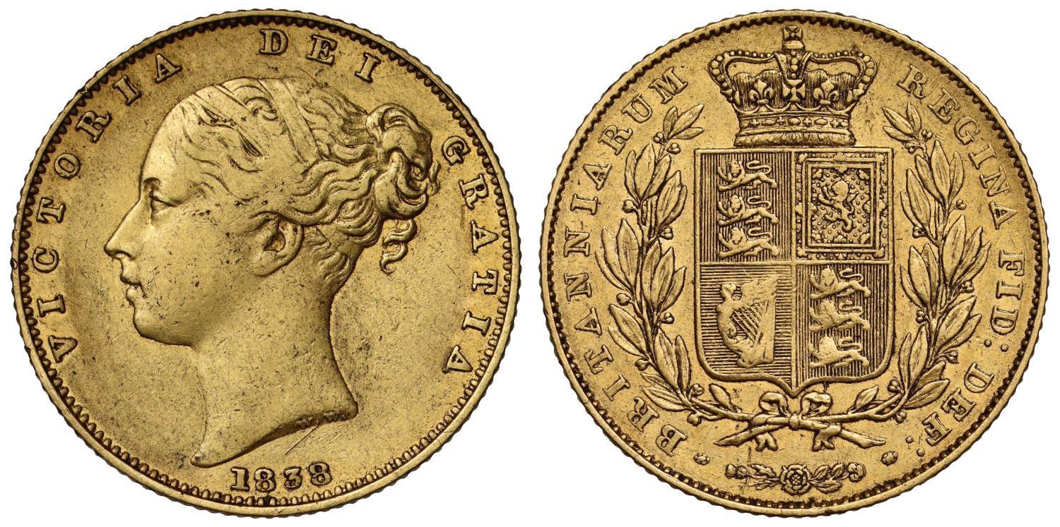 Victoria 1838 Sovereign, narrow shield (extra leaves) reverse, young head, R3