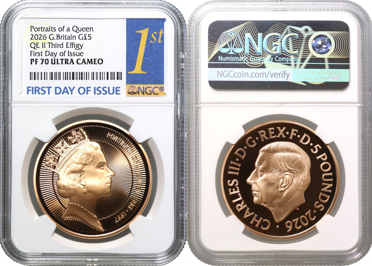 * Charles III 2026 gold PF70 FDI £5 QEII Third Effigy