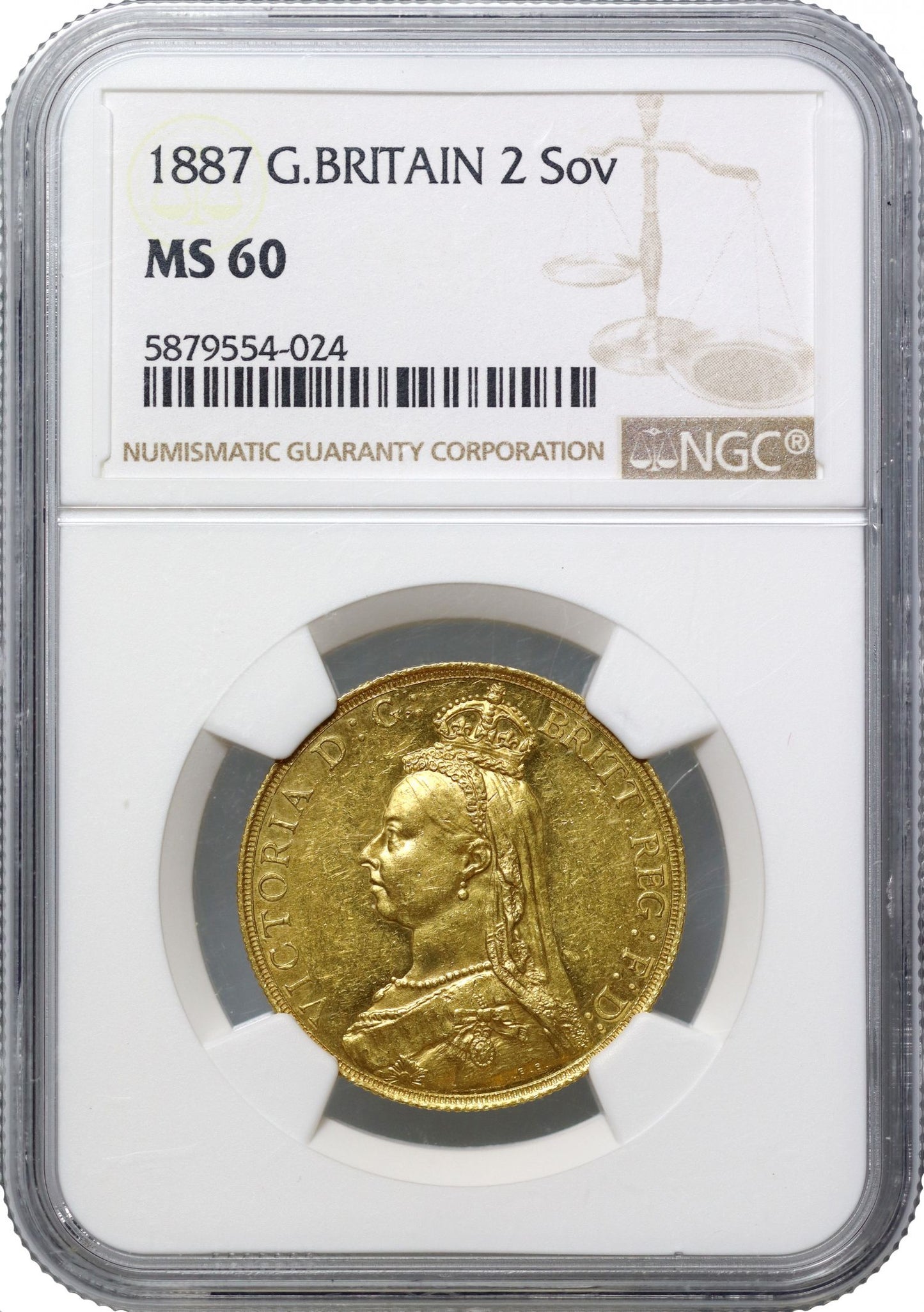 Victoria 1887 Two-Pounds, MS60, rarest currency issue with proof obverse die