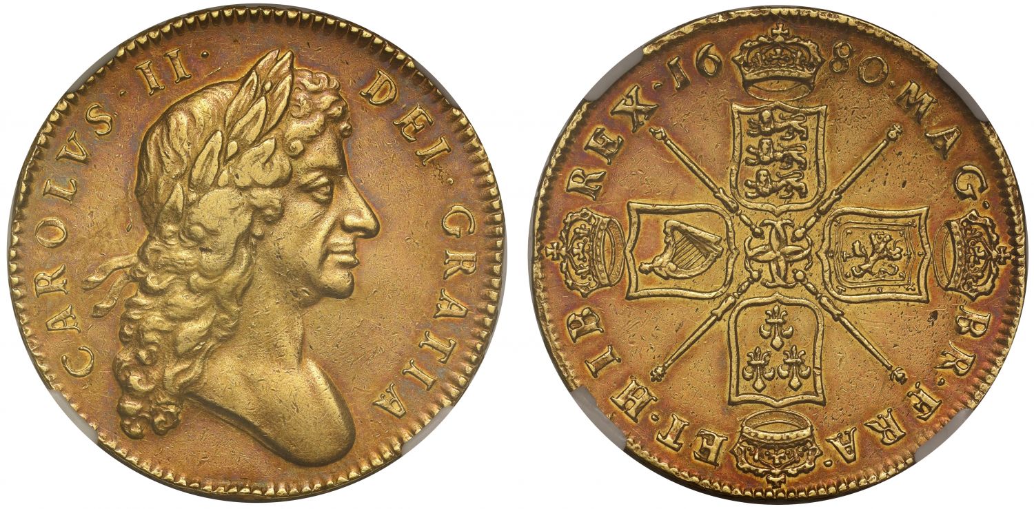 Charles II 1680 Five-Guineas, 80 over 79, NGC AU53