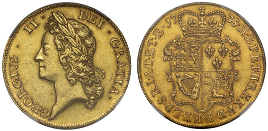 George II 1738 Five-Guineas, young head, NGC AU58 ex Thos Law